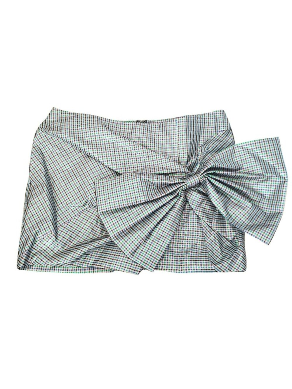 Pushbutton $536 Metallic Plaid Mini Skirt Large Bow Preppy School Pink Green